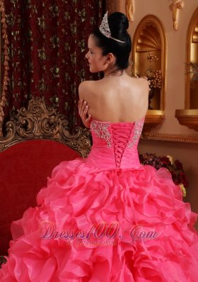 Hot Pink Bead Appliques Ruffles Strapless Quinceanea Dress