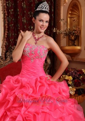 Hot Pink Bead Appliques Ruffles Strapless Quinceanea Dress