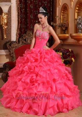 Hot Pink Bead Appliques Ruffles Strapless Quinceanea Dress