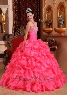 Hot Pink Bead Appliques Ruffles Strapless Quinceanea Dress