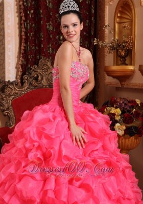 Hot Pink Bead Appliques Ruffles Strapless Quinceanea Dress