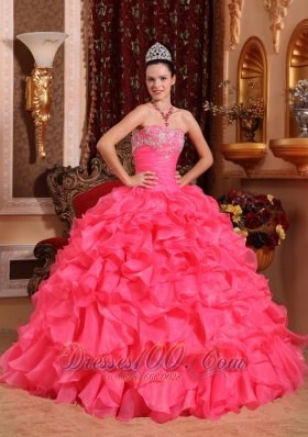 Hot Pink Bead Appliques Ruffles Strapless Quinceanea Dress