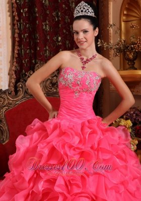 Hot Pink Bead Appliques Ruffles Strapless Quinceanea Dress