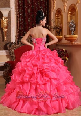 Hot Pink Bead Appliques Ruffles Strapless Quinceanea Dress