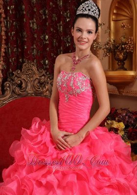 Hot Pink Bead Appliques Ruffles Strapless Quinceanea Dress