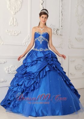 Blue A-Line Appliques Quinceanea Dress Beading Pick- Ups