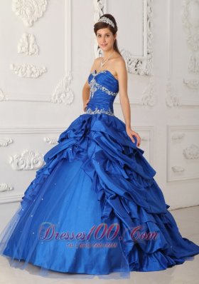 Blue A-Line Appliques Quinceanea Dress Beading Pick- Ups