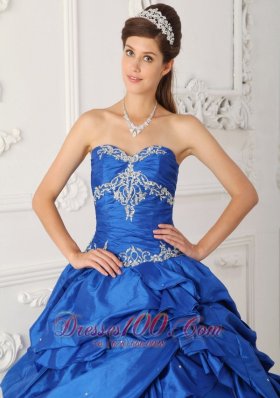 Blue A-Line Appliques Quinceanea Dress Beading Pick- Ups