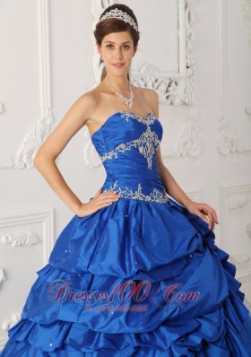 Blue A-Line Appliques Quinceanea Dress Beading Pick- Ups