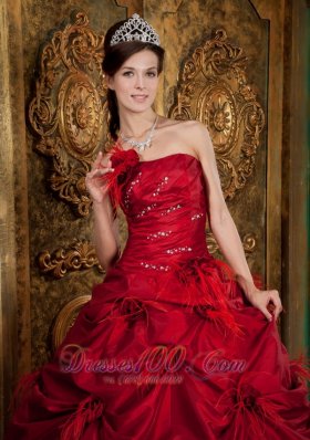 Red Quinceanera Dress Beading Hand Flowers Strapless