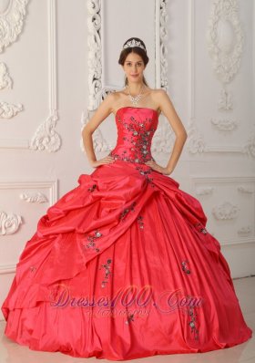 Red Quinceanera Dress Strapless Appliques Beading Embroidery