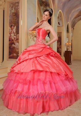 One Shoulder Coral Red Quinceanera Dress Ruffles