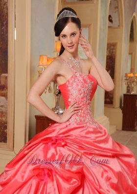 One Shoulder Coral Red Quinceanera Dress Ruffles