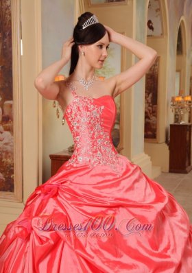 One Shoulder Coral Red Quinceanera Dress Ruffles