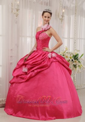 One Shoulder Coral Red Quinceanera Dress Beading Pick-ups