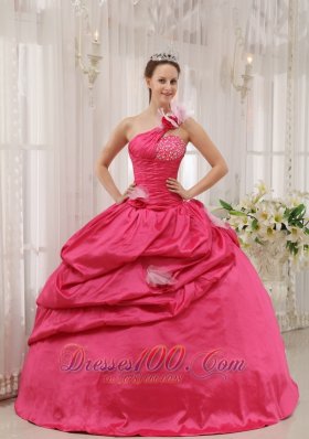 One Shoulder Coral Red Quinceanera Dress Beading Pick-ups