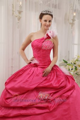 One Shoulder Coral Red Quinceanera Dress Beading Pick-ups