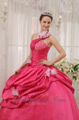 One Shoulder Coral Red Quinceanera Dress Beading Pick-ups