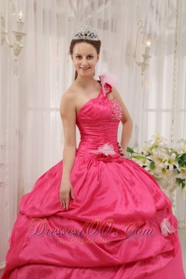 One Shoulder Coral Red Quinceanera Dress Beading Pick-ups