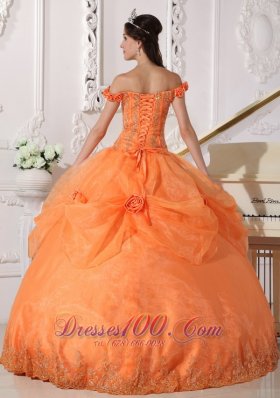 Off Shoulder Orange Quinceanera Dress Appliques Hand Flowers