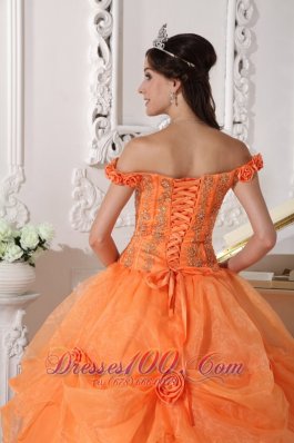 Off Shoulder Orange Quinceanera Dress Appliques Hand Flowers