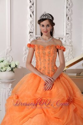 Off Shoulder Orange Quinceanera Dress Appliques Hand Flowers