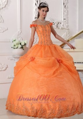 Off Shoulder Orange Quinceanera Dress Appliques Hand Flowers