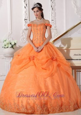 Off Shoulder Orange Quinceanera Dress Appliques Hand Flowers