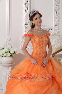 Off Shoulder Orange Quinceanera Dress Appliques Hand Flowers