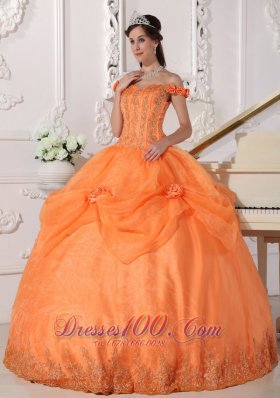 Off Shoulder Orange Quinceanera Dress Appliques Hand Flowers