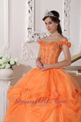 Off Shoulder Orange Quinceanera Dress Appliques Hand Flowers