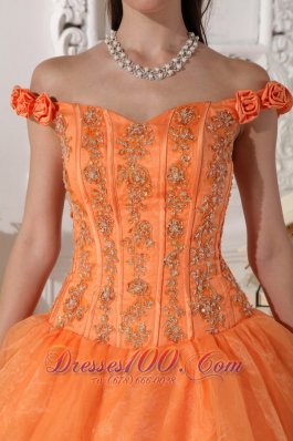 Off Shoulder Orange Quinceanera Dress Appliques Hand Flowers