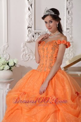 Off Shoulder Orange Quinceanera Dress Appliques Hand Flowers