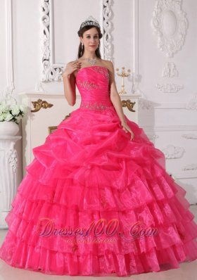 Hot Pink Quinceanera Dress Appliques Floor-length