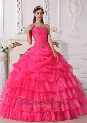 Hot Pink Quinceanera Dress Appliques Floor-length