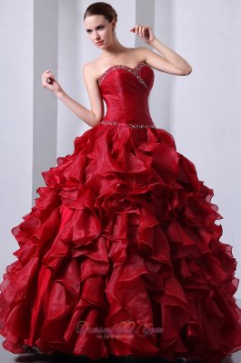 Wine Red Sweet16 Dress Beading Ruffles A-Line Sweetheart