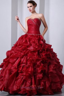 Wine Red Sweet16 Dress Beading Ruffles A-Line Sweetheart