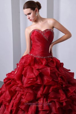 Wine Red Sweet16 Dress Beading Ruffles A-Line Sweetheart