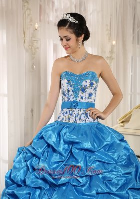 Aqua Blue Sweetheart Printing Quinceanera Dress Pick-ups