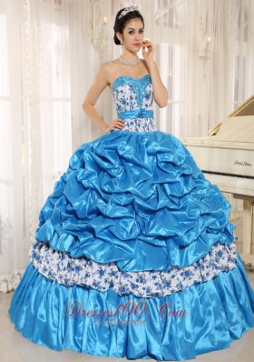 Aqua Blue Sweetheart Printing Quinceanera Dress Pick-ups