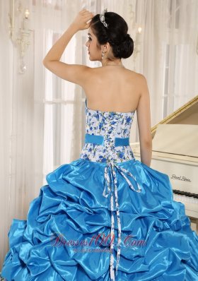 Aqua Blue Sweetheart Printing Quinceanera Dress Pick-ups