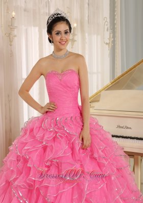 2013 Ruffles Beaded Rose Pink Quinceanera Dress Ruffles