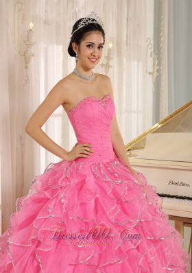 2013 Ruffles Beaded Rose Pink Quinceanera Dress Ruffles