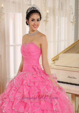 2013 Ruffles Beaded Rose Pink Quinceanera Dress Ruffles