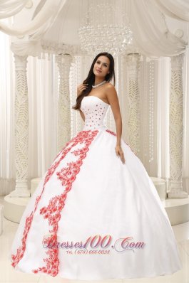 Red Embroidery White Floor-length 2013 Quinceanera Dress