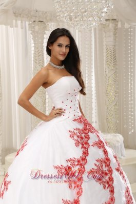 Red Embroidery White Floor-length 2013 Quinceanera Dress