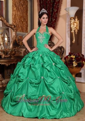 Halter Apple Green Quinceanera Dress Appliques Pick-ups