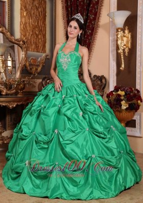 Halter Apple Green Quinceanera Dress Appliques Pick-ups