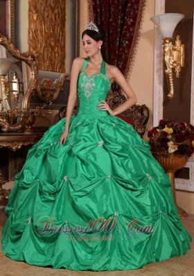 Halter Apple Green Quinceanera Dress Appliques Pick-ups