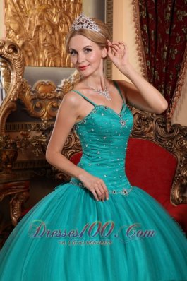 Teal Spaghetti Straps Quinceanera Dress Under 200 Beading